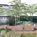 Stylish Courtyard Garden With Wooden Deck Trees Green Plants Outdoor Tables Chairs And Black Screen