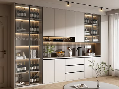 Modern Wine Cabinet Interior Design With Glass Doors Lighting And Wine Bottles 3d model