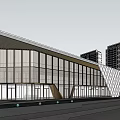 Modern Sales Office Building Exterior With Greenery And High Rise Buildings Around