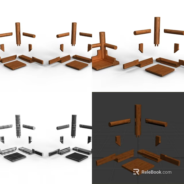 Wooden And Metal Structure Components Assembly Design With 3D Rendering Multiple Angles 3d model