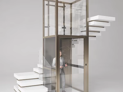 Modern Glass Elevator With Metal Frame And White Staircase Design 3d model
