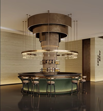 Luxury Sales Office Interior With Circular Bar Counter Hanging Chandelier And Stylish Bar Stools 3d model