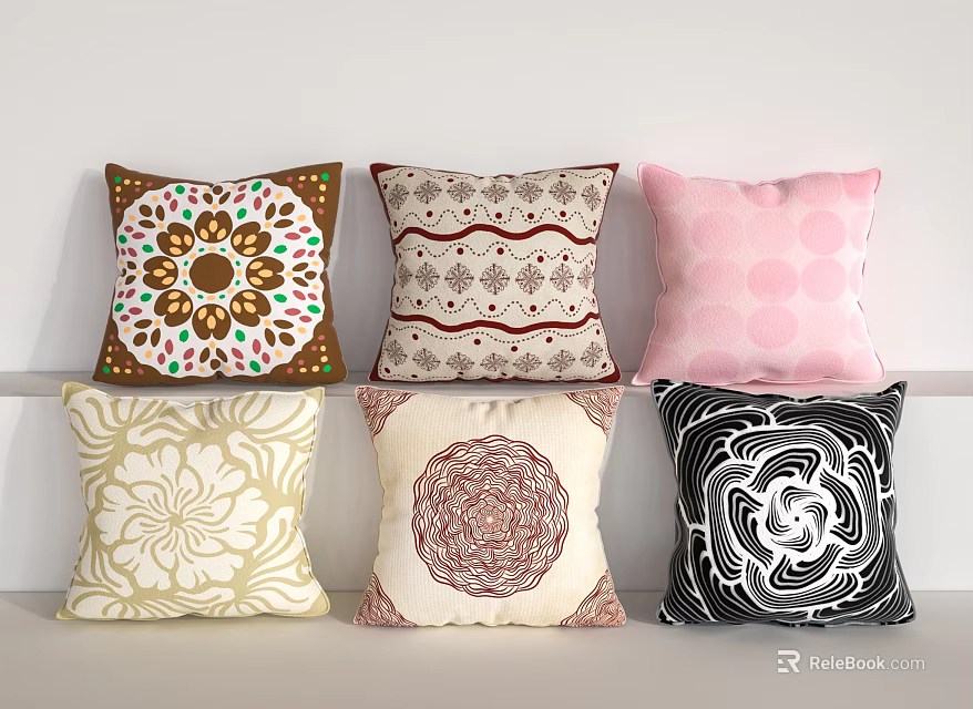 Decorative Throw Pillows With Various Patterns And Colorful Designs For Home Decor 3d model