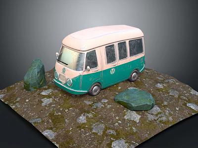 Green and Pink Vintage Bus Model Placed on Mossy Ground with Stones 3d model