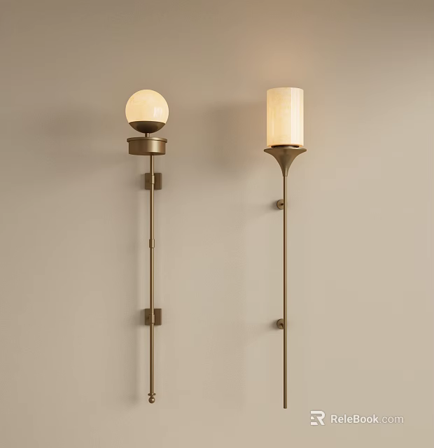 Modern Wall Lamps With Spherical And Cylindrical Shades Metal Brackets Mounted On Light Beige Wall 3d model 
