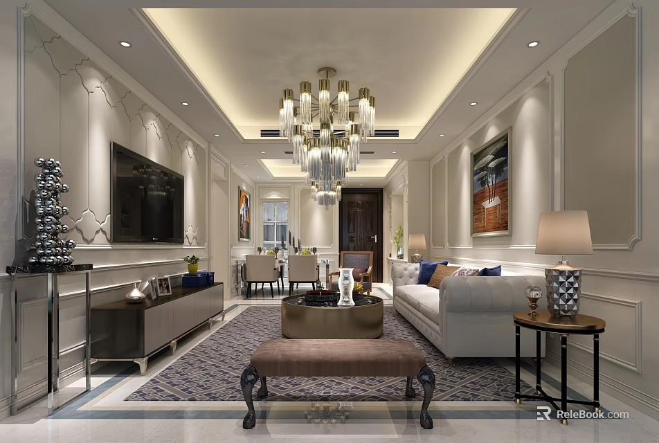 Elegant Modern Living Room Interior With Chandelier Sofa Coffee Table And Decorative Painting 3d model 