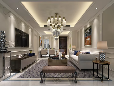Elegant Modern Living Room Interior With Chandelier Sofa Coffee Table And Decorative Painting 3d model