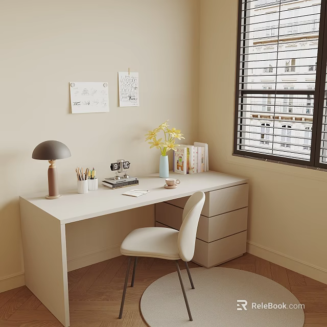 Minimalist Workspace Desk With Table Lamp Stationery Wall Art Yellow Flowers Books And White Chair 3d model 