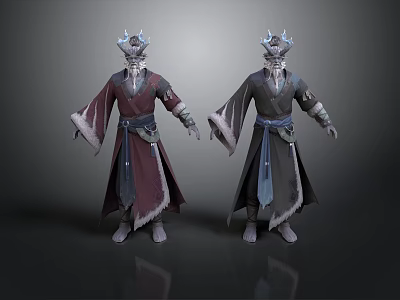 Two Traditional Fantasy Characters With Horned Headdress And Long Robes In Red And Dark Colors 3d model
