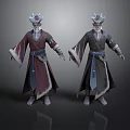 Two Traditional Fantasy Characters With Horned Headdress And Long Robes In Red And Dark Colors