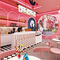 Pink Dessert Shop Interior Design With Arched Decor White Tables Chairs And Counter