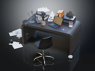 Cluttered Office Desk With Stacked Documents Laptop Lamp Coffee Cup Printer And Scattered Papers 3d model