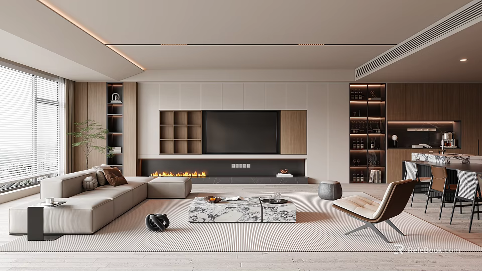 Modern Living and Dining Room Interior With Sofa Coffee Table TV Wall Bookshelves And Fireplace 3d model 
