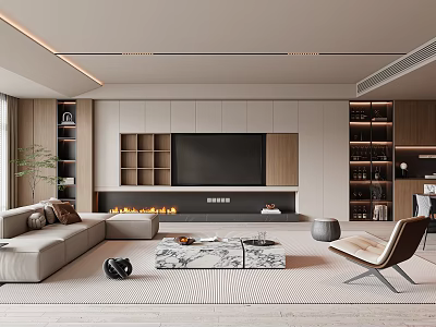 Modern Living and Dining Room Interior With Sofa Coffee Table TV Wall Bookshelves And Fireplace 3d model