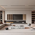 Modern Living and Dining Room Interior With Sofa Coffee Table TV Wall Bookshelves And Fireplace