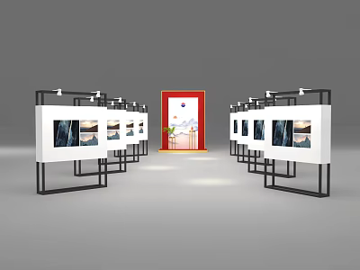 Event Passageway With Display Stands And Pictures Leading To Red Door Green Chair Table 3d model