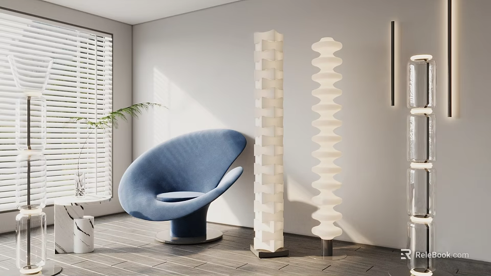 Modern Floor Lamps In Stylish Interior With Blue Chair And Window Blinds 3d model 