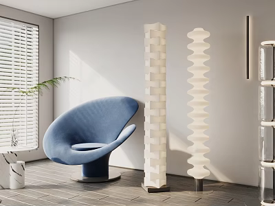Modern Floor Lamps In Stylish Interior With Blue Chair And Window Blinds 3d model