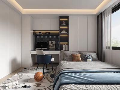 Modern Tatami Bedroom Interior With Desk Chair Bookshelf And Window Rug 3d model