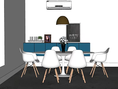 Dining Table Set with White Chairs Blue Cabinets Pendant Light and Chalkboard Decor 3d model