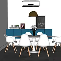 Dining Table Set with White Chairs Blue Cabinets Pendant Light and Chalkboard Decor