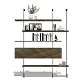 Modern Bookshelf With Wooden Shelves Metal Brackets Books Photo Frames And Potted Plant