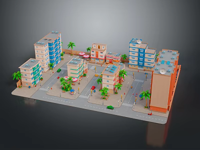 Modern Urban Cityscape Model Featuring Colorful Buildings Streets Palm Trees And Red Car 3d model