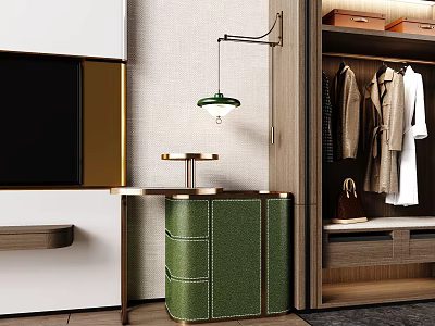 Elegant Modern Hotel Room Interior With Green Cabinet Wooden Wardrobe And Hanging Clothes 3d model