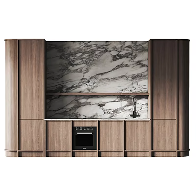 Modern Kitchen Interior With Wooden Cabinets Marble Wall And Built In Oven 3d model