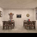 Indoor Vintage Living Space With Wooden Furniture Archway Red Lantern Green Plant And Wall Art
