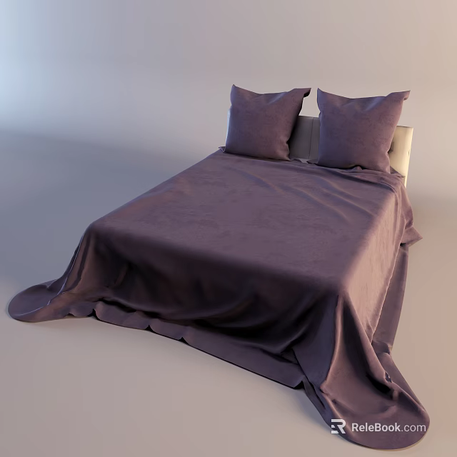 Double Bed with Purple Bedspread and Two Pillows in Simple Bedroom Design 3d model 