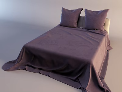 Double Bed with Purple Bedspread and Two Pillows in Simple Bedroom Design 3d model