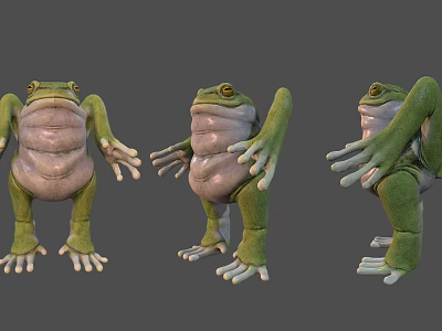 Green Frog Character 3D Model With Bulging Belly And Yellow Eyes From Three Angles 3d model