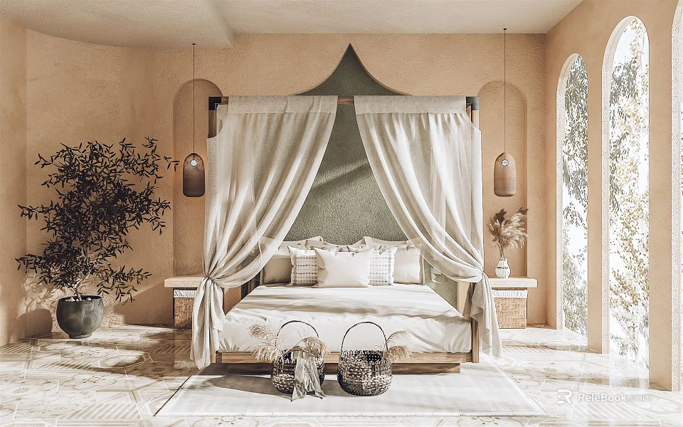 Moroccan Bedroom Interior With Canopy Bed Drapes Arched Windows Potted Plant And Wicker Baskets 3d model 