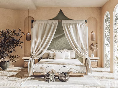 Moroccan Bedroom Interior With Canopy Bed Drapes Arched Windows Potted Plant And Wicker Baskets 3d model