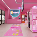 Pink Themed Store Interior With Neon Lights Shelves Products Decorative Rug And Digital Display Screen