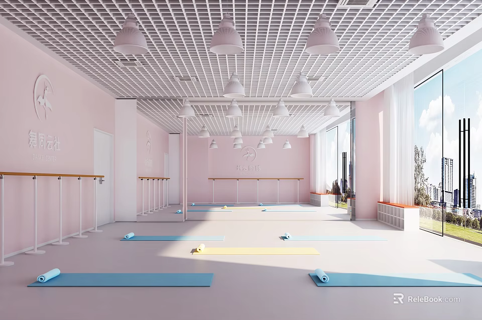Pink Fitness Dance Studio With Mirrors Barres Yoga Mats Bright Windows And Grid Ceiling Lights 3d model 