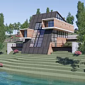 Modern Guesthouse Building With Large Windows On Sloped Terrain Surrounded By Trees And Pink Flowers