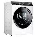 Modern Front Load Washing Machine With White Body Black Circular Door And Drum View
