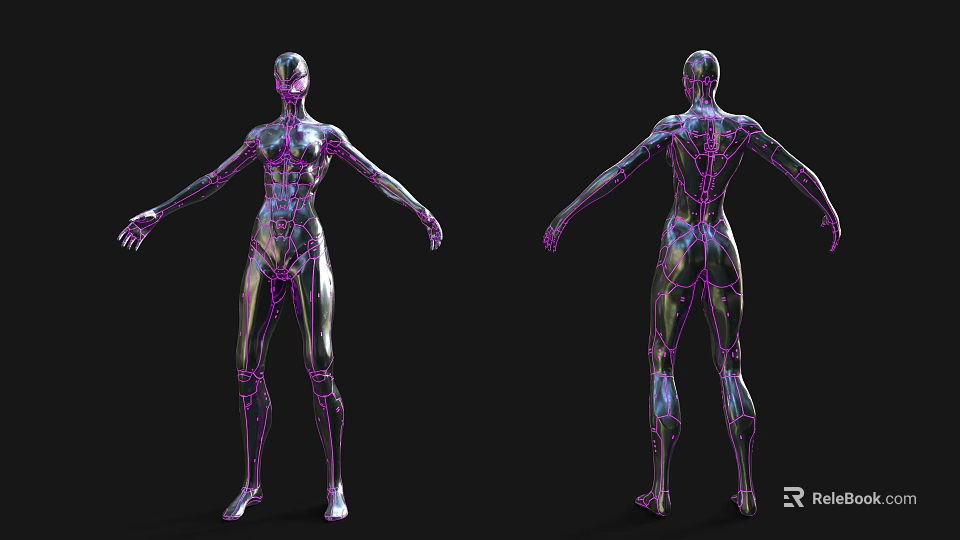 Smart Humanoid Robot With Metallic Texture And Purple Lines Front Back Views 3d model 