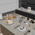 Modern Kitchen Countertop Dinnerware Set With Plates Cups Utensils And Waffles Bread 3d model