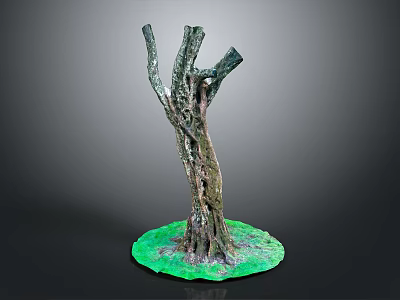 Natural Tree With Rough Trunk Branched Branches And Green Mossy Base 3d model