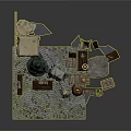 Vintage Scene Components With Wooden Shelves Stone Fireplace Cabinets Small Table Stool And Decorative Rug