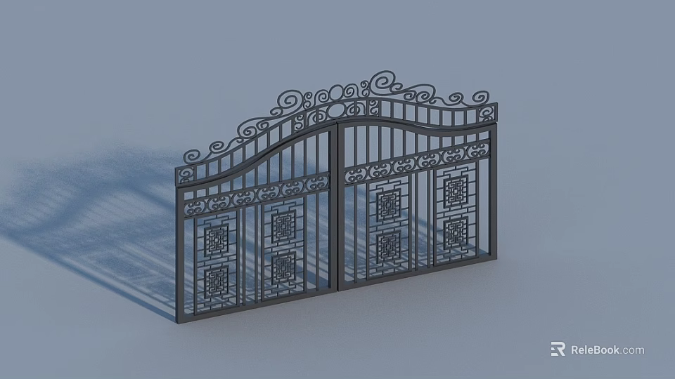 Wrought Iron Entrance Gate With Double Door Design Ornate Patterns And Decorative Top 3d model 