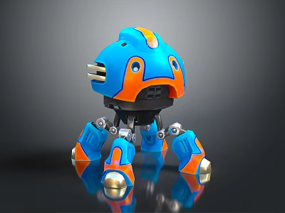 Blue And Orange Biomorphic Robot Character With Mechanical Legs And Shiny Reflective Surface 3d model