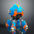 Blue And Orange Biomorphic Robot Character With Mechanical Legs And Shiny Reflective Surface
