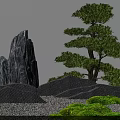 Karesansui Dry Landscape Garden with Rock Formations Pine Tree Wavy Gravel Patterns and Green Moss