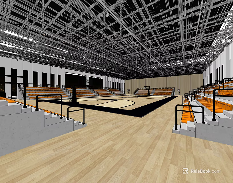 Modern Basketball Gymnasium Interior With Wooden Flooring Metal Ceiling And Orange Seats 3d model 