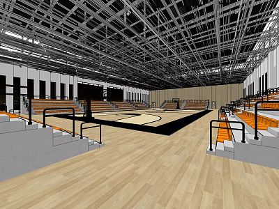 Modern Basketball Gymnasium Interior With Wooden Flooring Metal Ceiling And Orange Seats 3d model