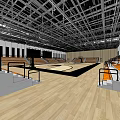 Modern Basketball Gymnasium Interior With Wooden Flooring Metal Ceiling And Orange Seats